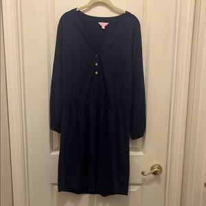 Lilly Pulitzer Navy Blue Dress with gold buttons.